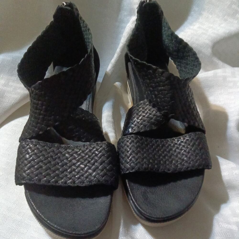 Eileen Fisher Sport Woven Womens Sandals Sz 8.5 Black Cross Leather Zip Platform - Picture 1 of 7